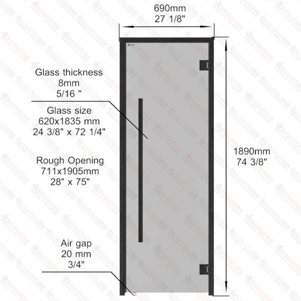 Aspen Black Frame Door Benelux Square, Grey Glass, 690x1890 mm (27 1/8" x 74 3/8") - Image 6