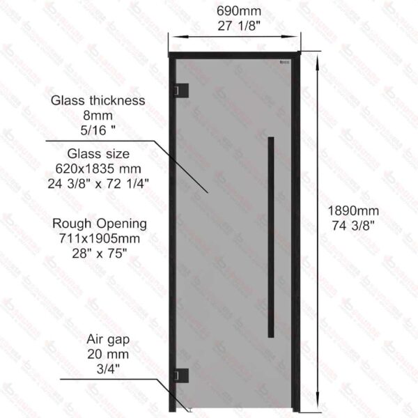 Aspen Black Frame Door Benelux Square, Grey Glass, 690x1890 mm (27 1/8" x 74 3/8") - Image 3