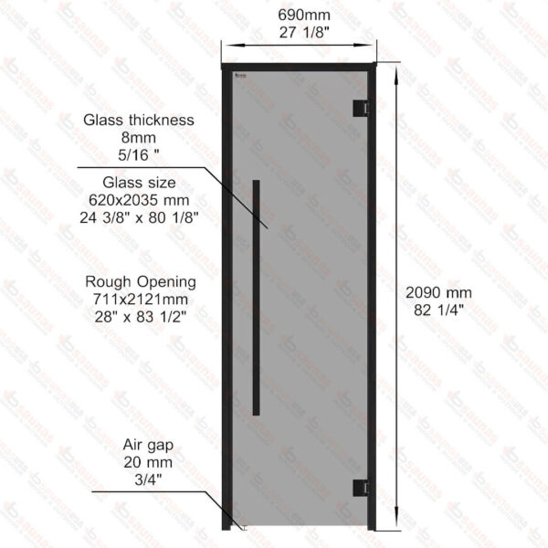 Aspen Black Frame Door Benelux Square, Grey Glass, 690x2090 mm (27 1/8" x 82 1/4") - Image 6