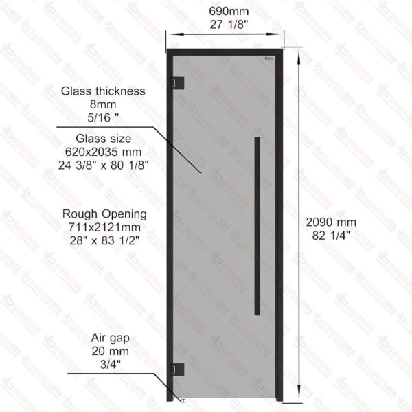 Aspen Black Frame Door Benelux Square, Grey Glass, 690x2090 mm (27 1/8" x 82 1/4") - Image 3